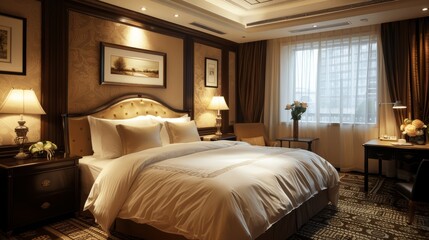 The hotel room is very comfortable and luxurious, with a large bed, soft pillows, and a beautiful view of the city outside the window.