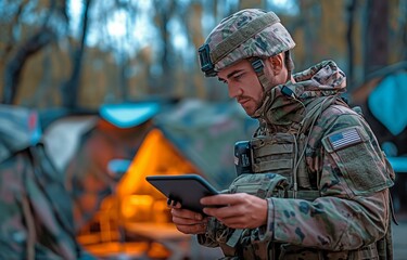 At a makeshift base, a uniformed soldier uses a tablet to analyse data and plan operations.
