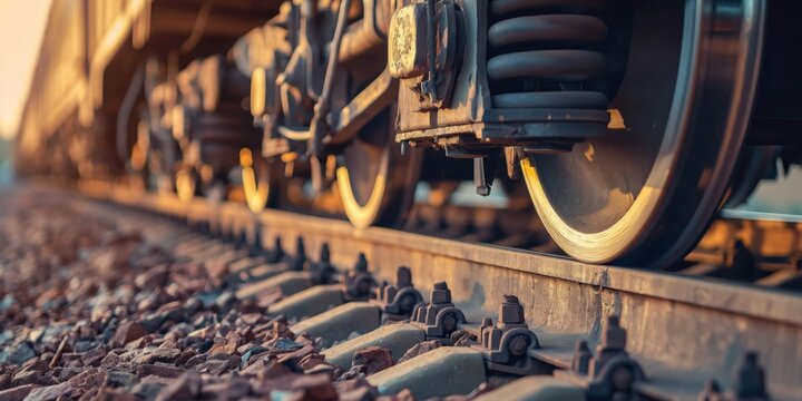 Detailed shot of a train's wheels and suspension on railway tracks with rust and pebbles