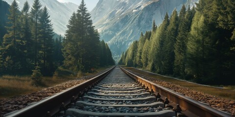 A picturesque view of railroad tracks stretching through a dense pine forest with towering mountains in the backdrop