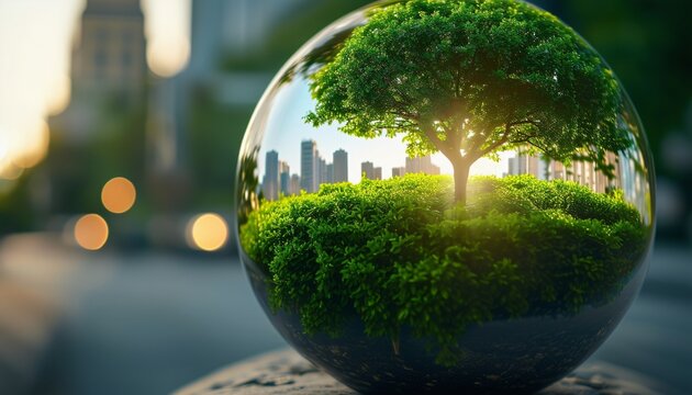 Green Metropolis, Globe Ball with Growing Tree Amid Nature Cityscape for Fresh Air Community
