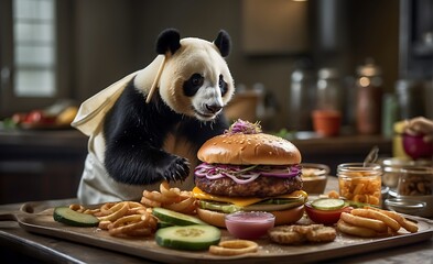 Panda bear eating hamburgers and french fries at home.