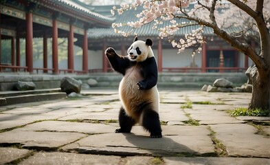 A giant panda in Chengdu, china with cherry blossom