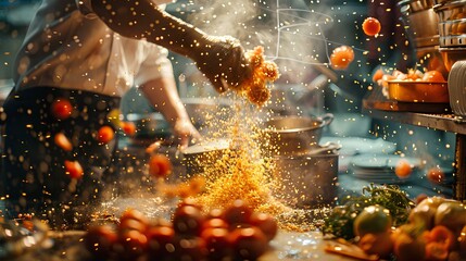 Tomatoes bursting mid-air with an explosive splash, set in a gourmet kitchen scene, illustrating dynamic food preparation.

