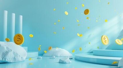 3D render realist blue and white empty space background with money yellow and whiteabstract
