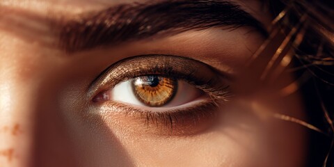A detailed close-up showing a human eye with a brown iris, eyelashes, and some freckles