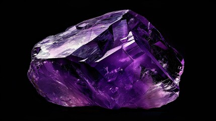 A close-up of a single, deep purple amethyst crystal.