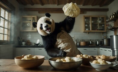Cheerful panda in chef's hat and apron cooking dumplings in the kitchen