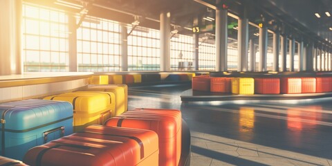 Sunlit image of colorful suitcases on a luggage carousel at an airport waiting to be picked up by travelers