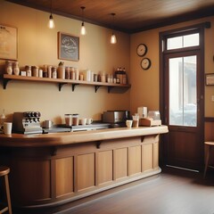  Interior design of cafe and food with wooden vintage style, decorated with warm and cozy tones, relaxing tones with classic old wood round corner counter and coffee machinery