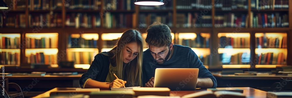 Wall mural two attentive students focused on studying together in a library at night