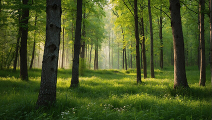 Fototapeta premium lush green forest with tall trees and bright green grass