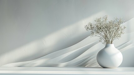 The image shows a still life of a white vase with white flowers on a white table against a white background. The image is soft and has a minimalist aesthetic. © admin_design