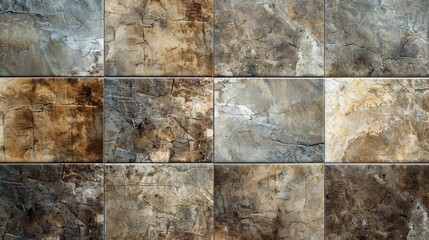 The image shows a variety of ceramic tiles with a stone finish