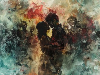 Digital painting of a couple surrounded by zombies, capturing the essence of romance in a modern abstract composition. - obrazy, fototapety, plakaty