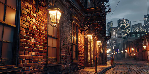 Ruby Red Metropolis: Brick buildings, lit by old-fashioned gas lamps, cast a warm, cozy glow over the cobblestone streets, while modern skyscrapers loom in the distance.