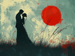 Modern abstract artwork depicting a romantic encounter in a zombie-infested world, with minimalist lines and vibrant colors. - obrazy, fototapety, plakaty