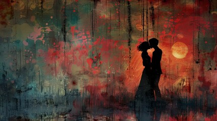 Digital art of a romantic moment amidst a world filled with zombies, capturing the essence of love in a modern abstract style. - obrazy, fototapety, plakaty