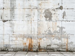 The photo shows an old concrete wall with a rusty metal door. The wall is dirty and has water stains. The floor is made of concrete and has a crack in it.