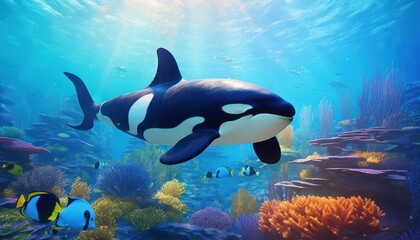 Obraz premium The Orcinus Orca in the ocean, portrait of Orca hunting prey in the underwater