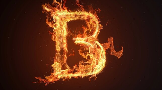 Letter B made of FIRE isolated WITH BALCK AND WHITEon PNG background8K .