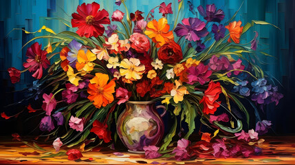 Thick brush strokes a multitude of flowers colorful bouquet background poster decorative painting  - obrazy, fototapety, plakaty
