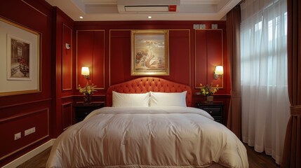 The picture shows a presidential suite with a king-sized bed, two nightstands, a sitting area with a sofa and two armchairs, and a large window with blackout curtains