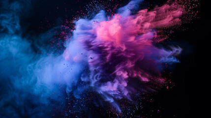 Close-up of colorful powder particles suspended in mid-air
