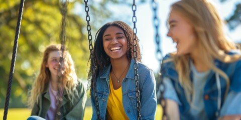 Young friends share a lighthearted moment on swings at a park, laughing together