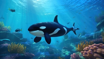 The Orcinus Orca in the ocean, portrait of Orca hunting prey in the underwater