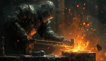 Imagine a medieval blacksmith forging a suit of armor in a fiery forge, hammering out each piece with skill and precision