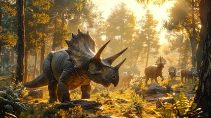 Obraz premium Imagine a scene from the late Cretaceous period, with a herd of Triceratops grazing peacefully in a sundappled clearing