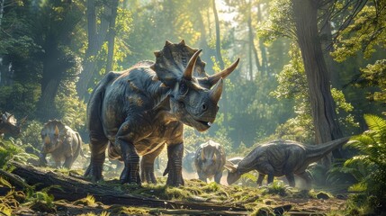 Imagine a scene from the late Cretaceous period, with a herd of Triceratops grazing peacefully in a sundappled clearing