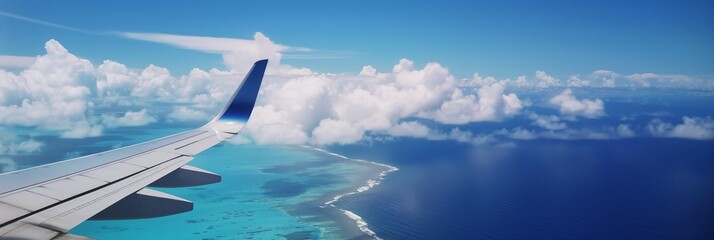 View from airplane window showing the wing with a stunning backdrop of clear blue sky and tropical coral waters