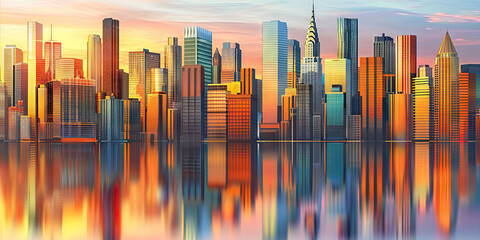 Electric Eclectic Cityscape: A vibrant skyline of skyscrapers in a variety of colors and architectural styles stands out against the backdrop of a sunset. The buildings reach up towards the sky