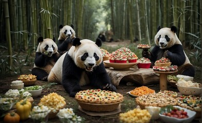 A group of giant panda bear eating food in bamboo forest.