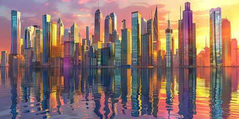 Electric Eclectic Cityscape: A vibrant skyline of skyscrapers in a variety of colors and architectural styles stands out against the backdrop of a sunset. The buildings reach up towards the sky