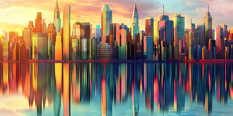 Obraz premium Electric Eclectic Cityscape: A vibrant skyline of skyscrapers in a variety of colors and architectural styles stands out against the backdrop of a sunset. The buildings reach up towards the sky
