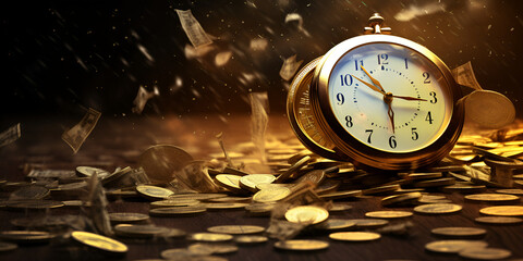 Golden Hour, Clock Ticking Investment A Graph Depicting Profit Enhanced With An Alarm Clock, Effective Time Management Clock with Gold Coins, new year clock, Generative AI