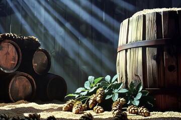 Wooden Barrels and Pine Cones on the Sand. Generative AI
