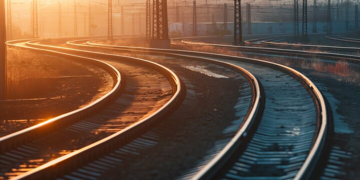 Gleaming railway tracks curve into the distance under a warm sunset, implying journey and industrial beauty