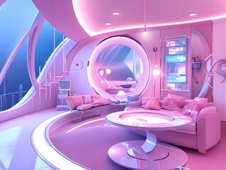  Futuristic Living Room with Space Station Slide - Neon Lit Interior Design
