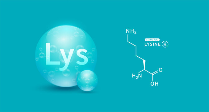 Lysine amino acid green and chemical formula structural. Biomolecules that combine to form proteins nutrients necessary for health muscle. For dietary supplements ads. Medical scientific. Vector.