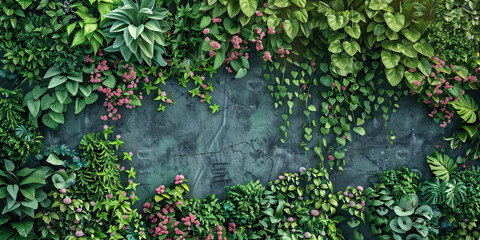 Vertical Gardens: A lush and green oasis amidst the urban jungle, depicting a wall covered in vines, flowers, and other plants thriving in the concrete city.