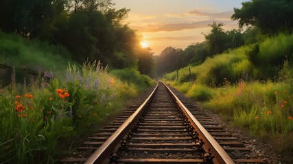 Fototapeta premium A railway track disappearing into the distance under the soft glow of the setting sun