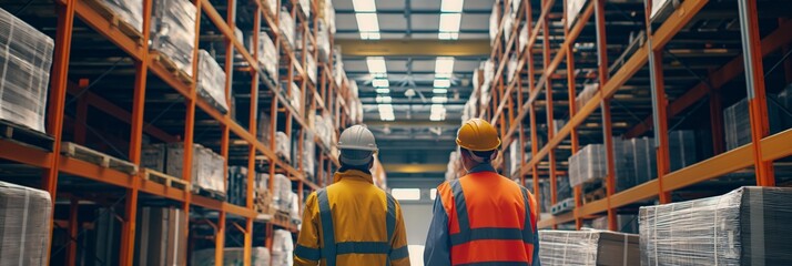 Two warehouse workers in safety vests discussing logistics in a large warehouse full of goods