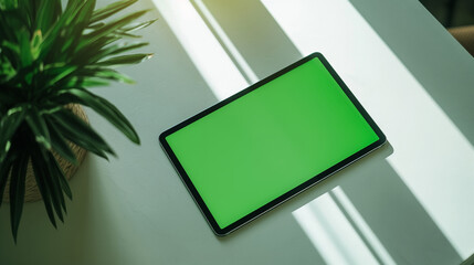 Modern smartphone with green screen on a white table next to a houseplant in sunlight.