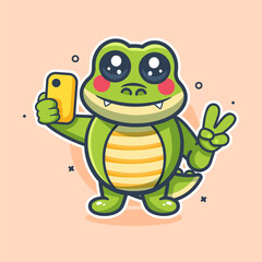 funny crocodile animal character mascot taking a selfie with a smartphone isolated cartoon