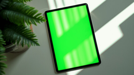 Tablet with green screen displayed near a window with sunlight and plant.