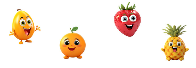 Naklejka premium Joyful Cartoon Fruit Characters - Lively Lemon, Cheerful Orange, Sweet Strawberry, and Friendly Pineapple isolated on a transparent or white background, png